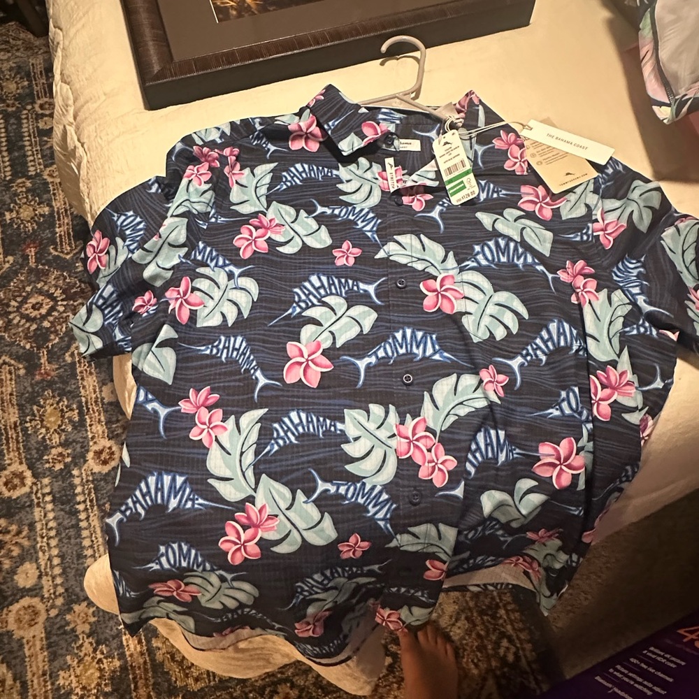 Tommy Bahama Blue Shirt with Pink and Green Floral